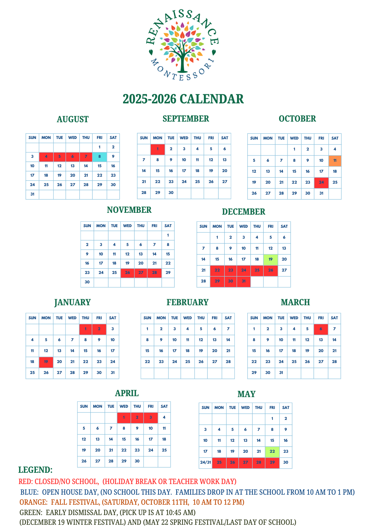 Calendar Renaissance Montessori Calendar Renaissance Montessori