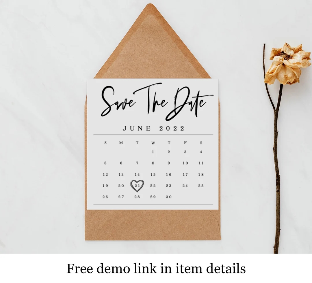 Calendar Save The Date Template Digital Download Calendar Bridesmaid Proposal Card 100 Editable Text Templett Personalized Heart f22 Etsy