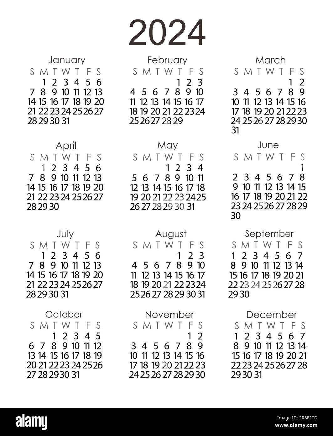 Calendar Template For The Year 2024 In Simple Minimalist Style Week Starts On Sunday Vector Printable Page Stock Vector Image Art Alamy
