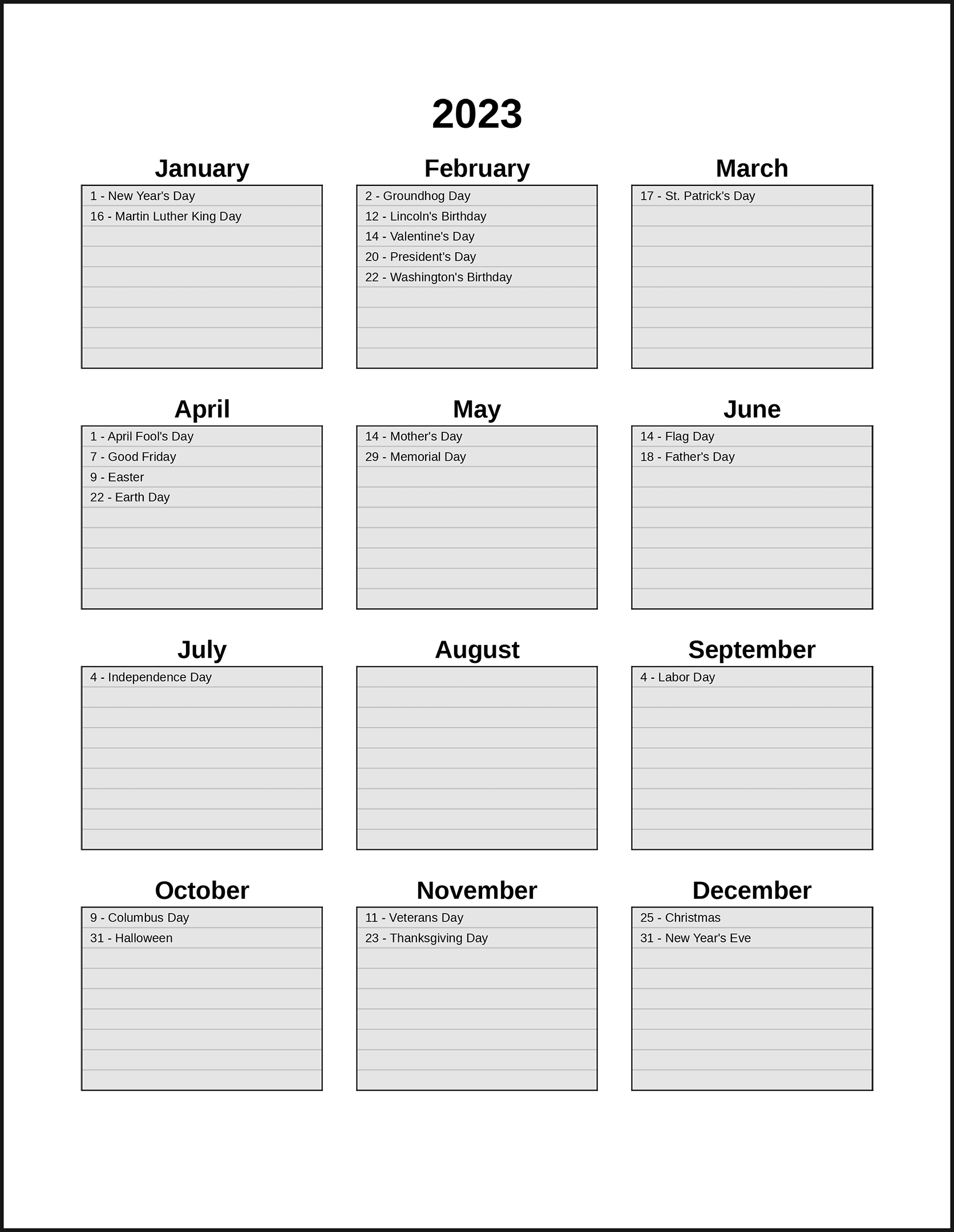 CalendarsThatWork Room For Notes