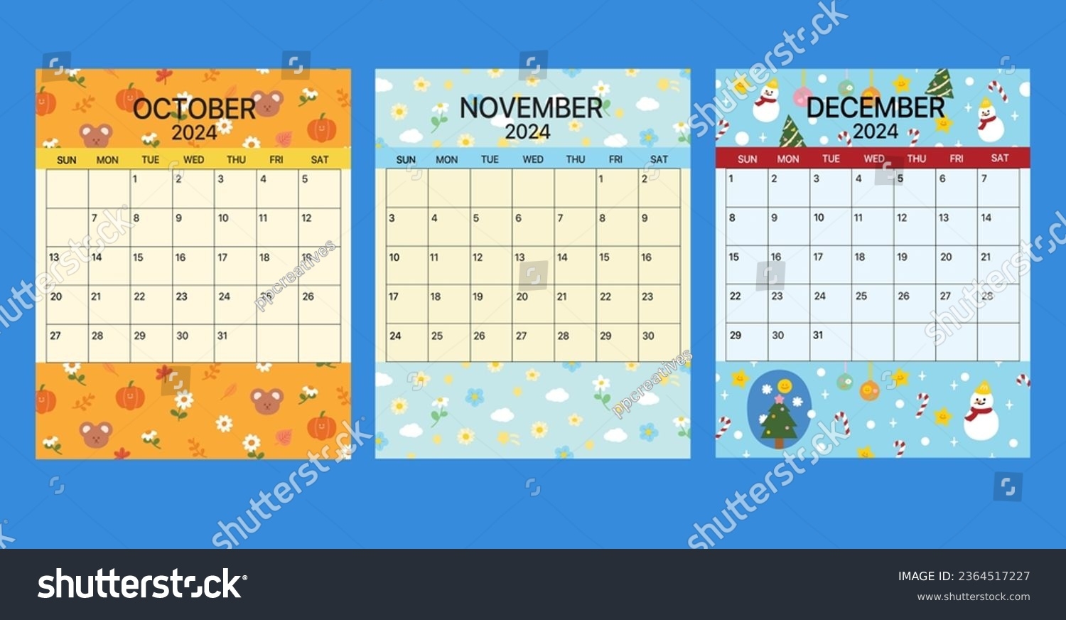 Cute 2024 October November December Calendar Stock Vector Royalty Free 2364517227 Shutterstock