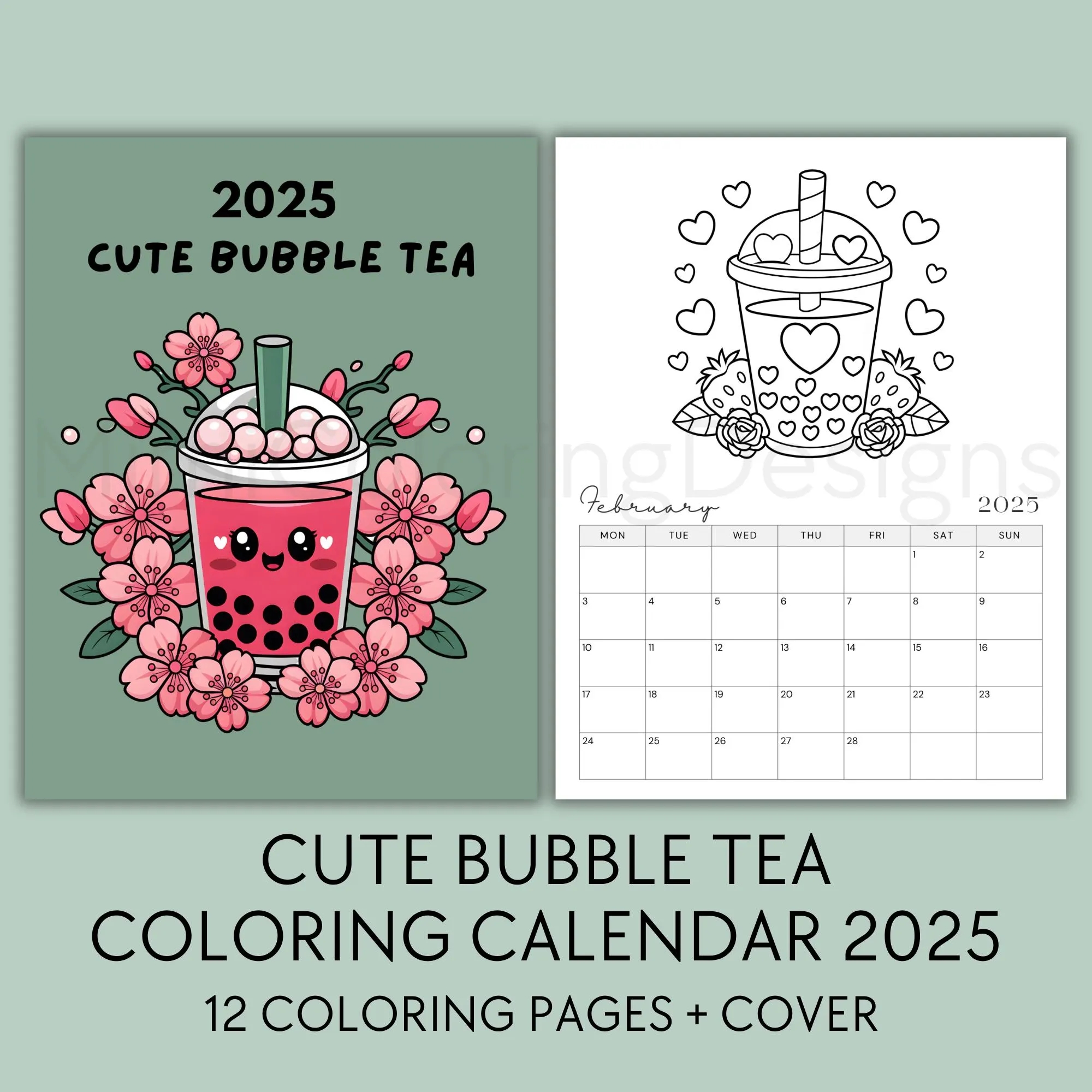 Cute Bubble Tea Coloring Calendar 2025 Printable 2025 Monthly Planner Bubble Tea Calendar Tea Lover Gift Wall Calendar Printable PDF Etsy