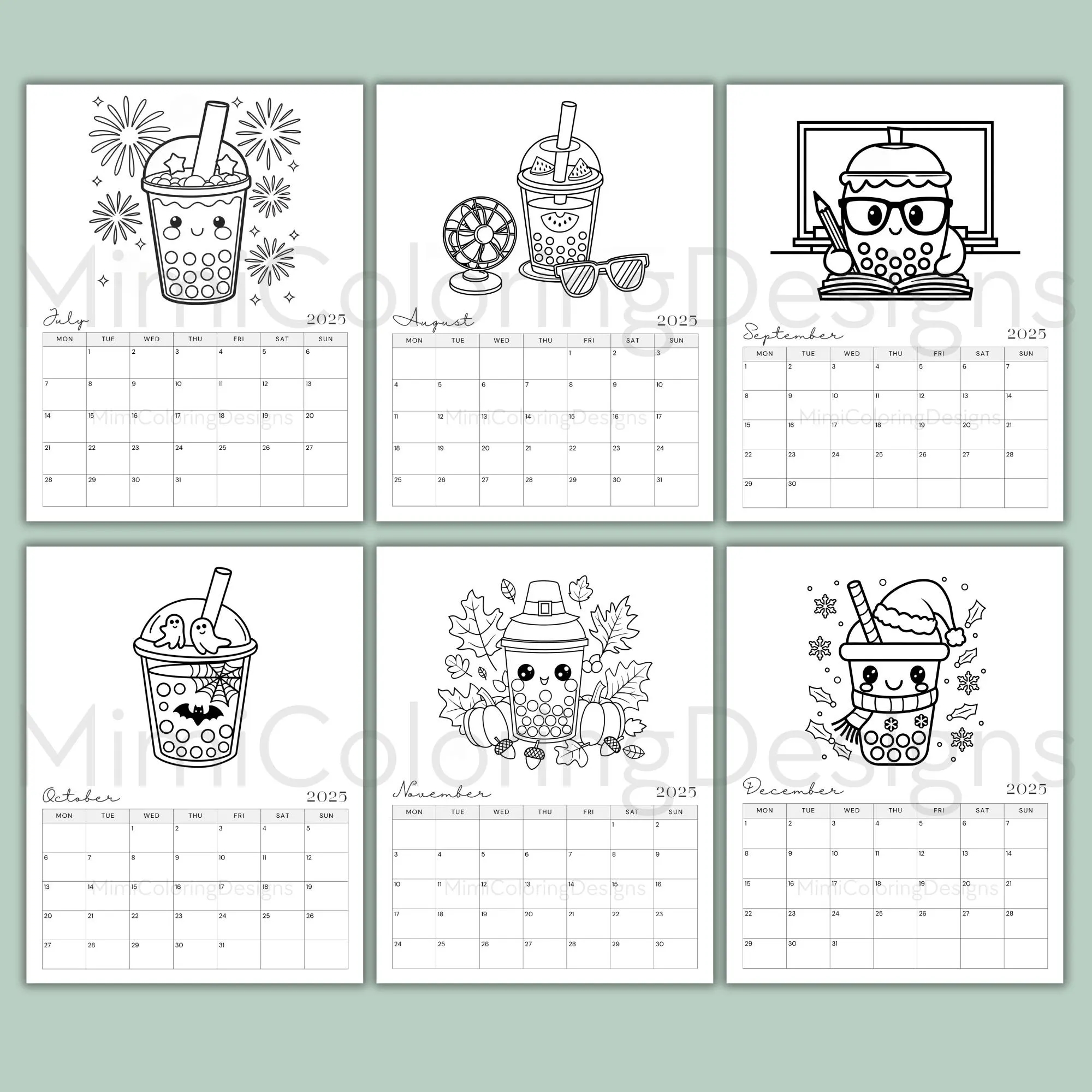 Cute Bubble Tea Coloring Calendar 2025 Printable 2025 Monthly Planner Bubble Tea Calendar Tea Lover Gift Wall Calendar Printable PDF Etsy