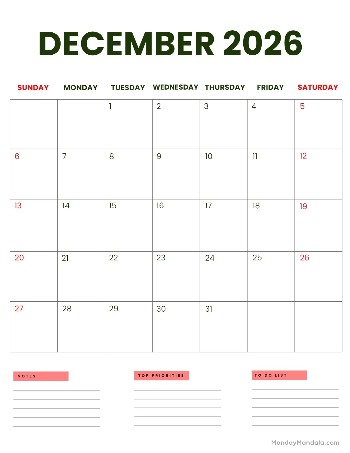 December 2026 Calendars 52 Free PDF Printables 