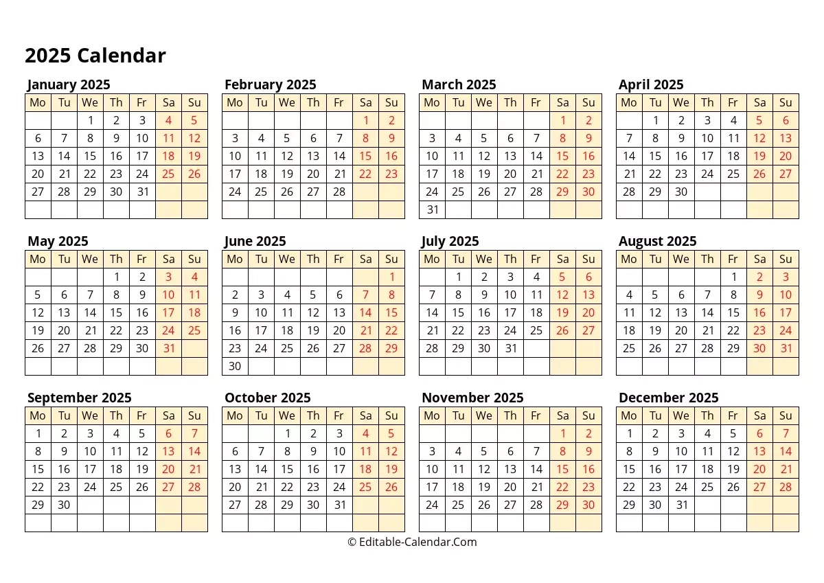 Download Editable Calendar 2025 Monday Start