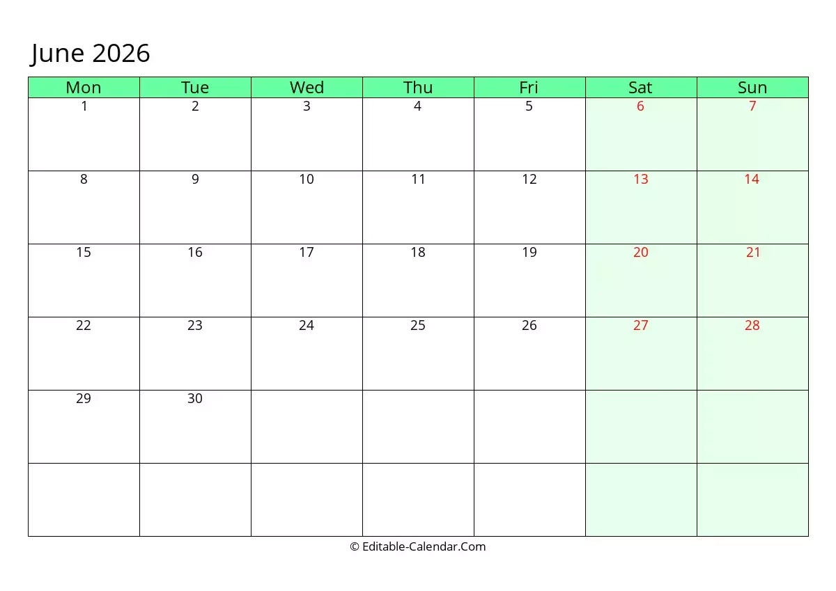 Download Editable Calendar June 2026 Monday Start Download Editable Calendar June 2026 Monday Start