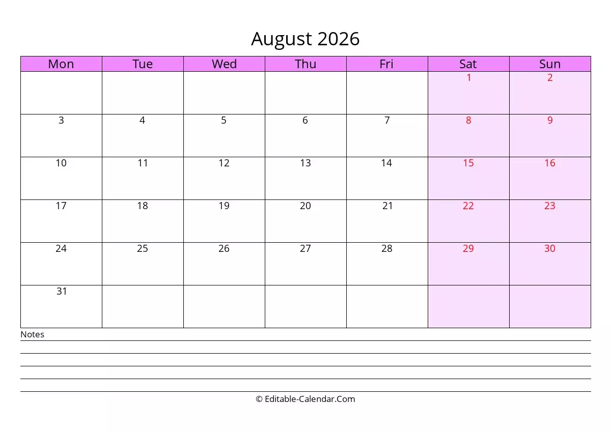 Free August Calendar 2026 Printable