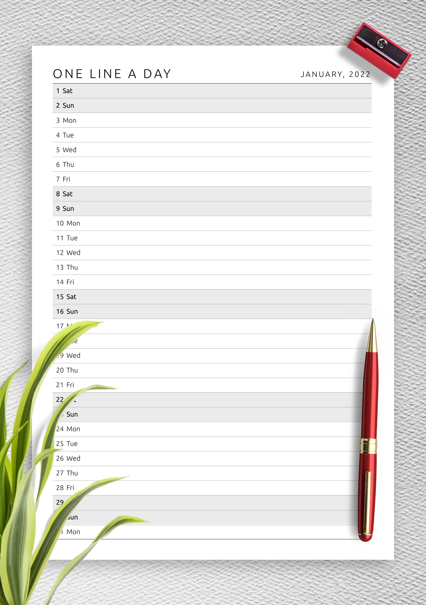 download printable one line a day monthly planner template pdf