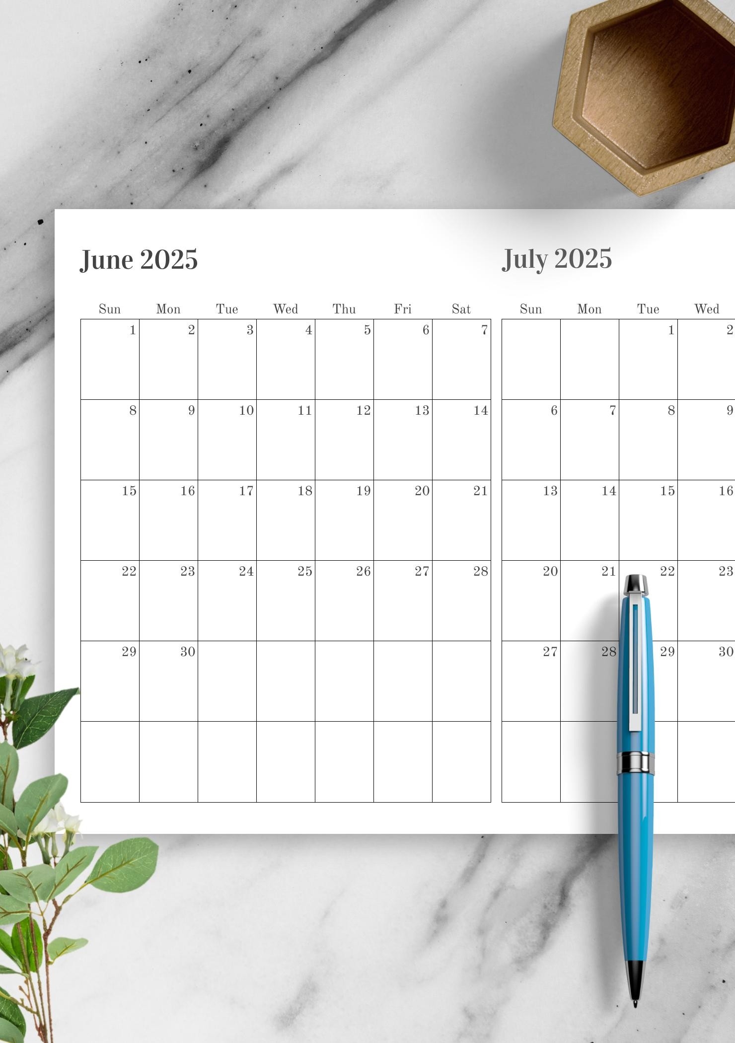Download Printable Two Months On One Page Calendar PDF