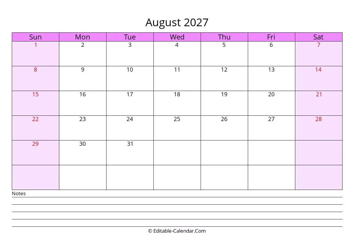 Editable Calendar August 2027 In Excel Word PDF