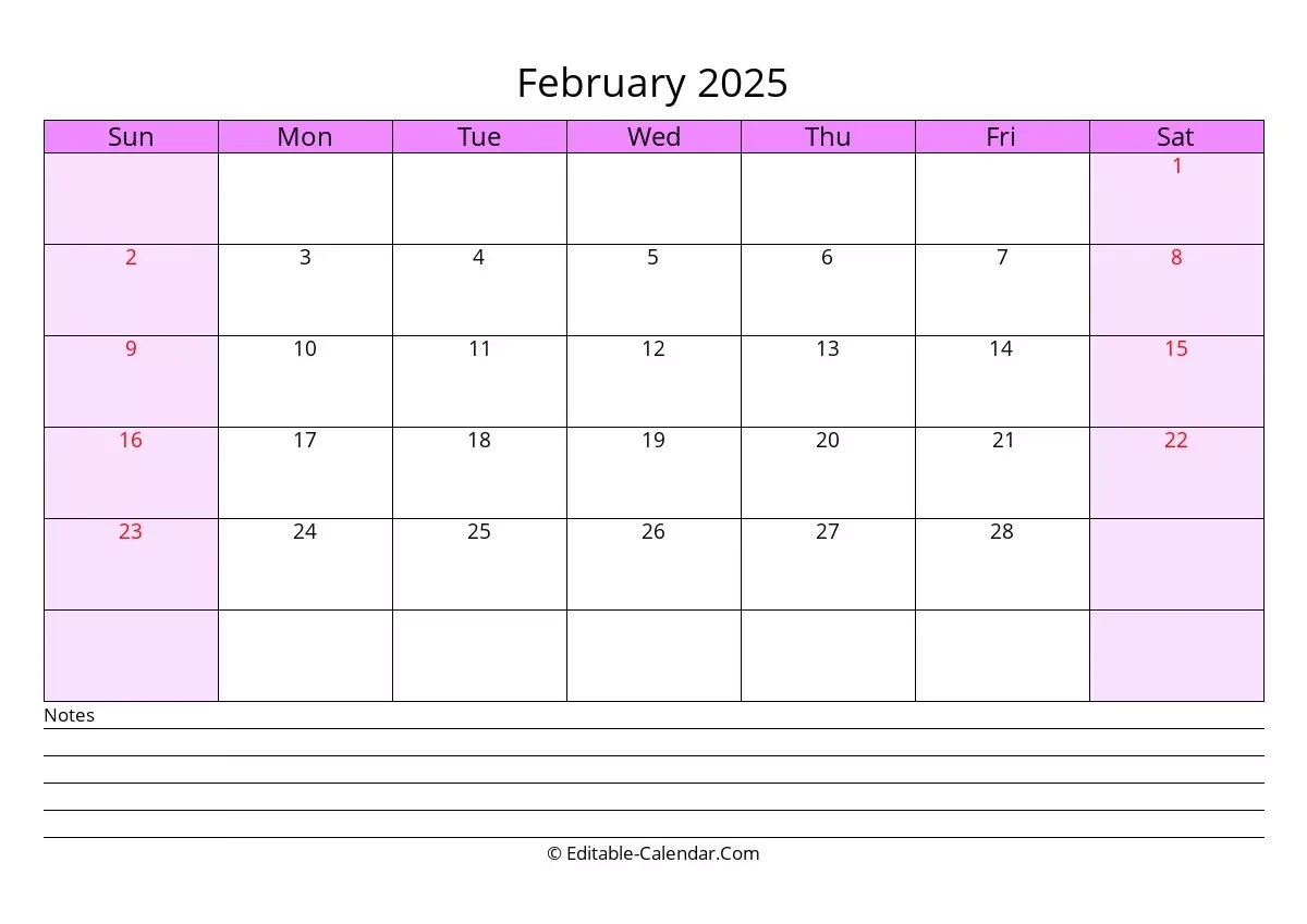 Editable Calendar February 2025 In Excel Word PDF