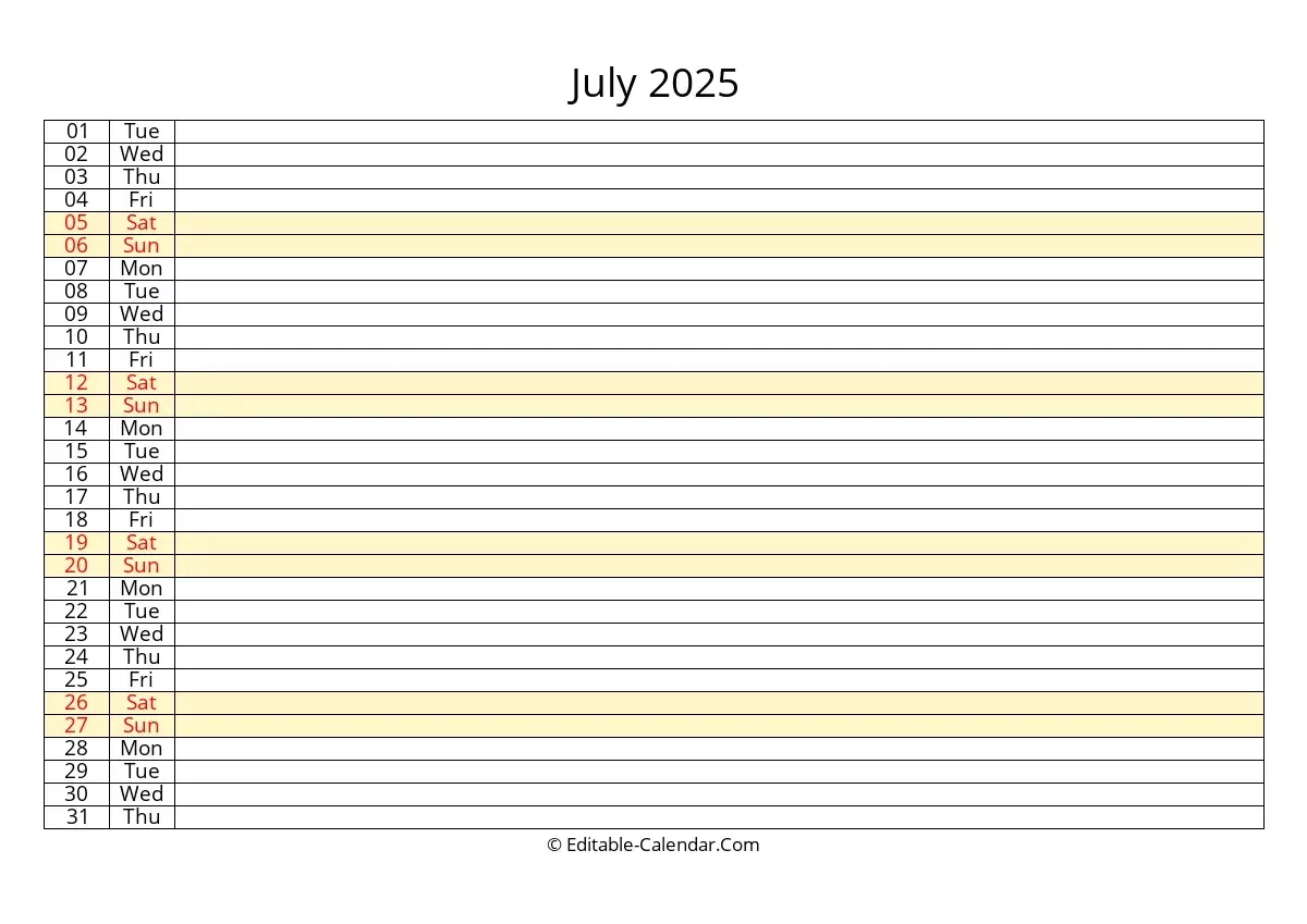 Editable Calendar July 2025 In Excel Word PDF