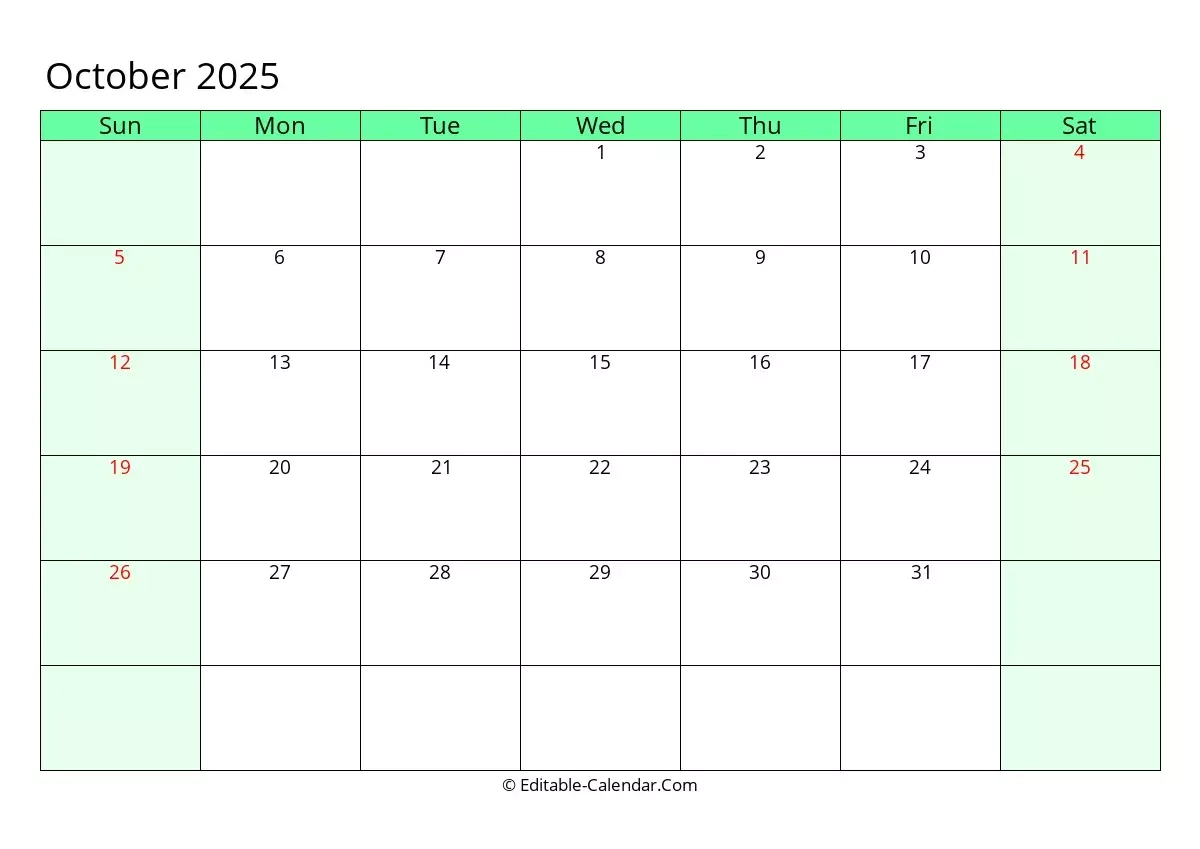 Editable Calendar October 2025 In Excel Word PDF Editable Calendar October 2025 In Excel Word PDF