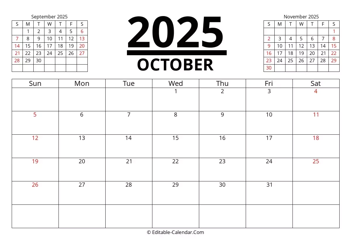 October 2025 Printable Calendar Word
