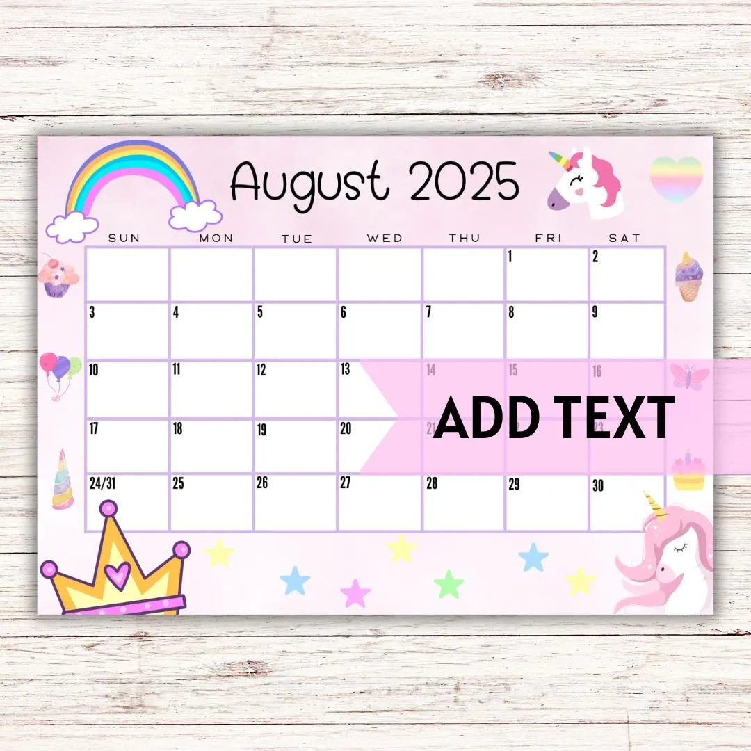 EDITABLE Printable August Calendar 2025 Kid s Calendar Preschool Calendar Cute Unicorn August 2025 Calendar Fillable Calendar Etsy