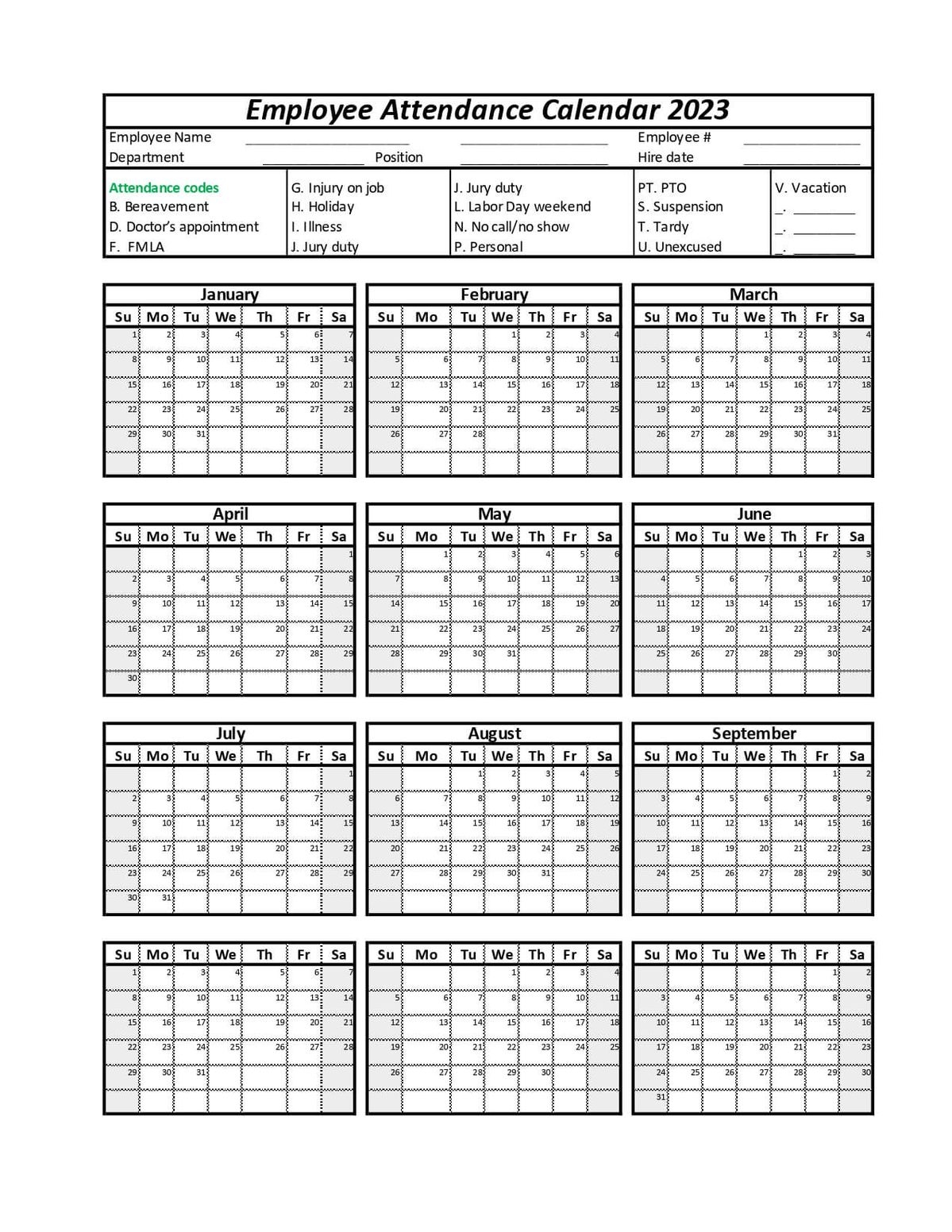 Employee Attendance Calendar Employee Attendance Calendar