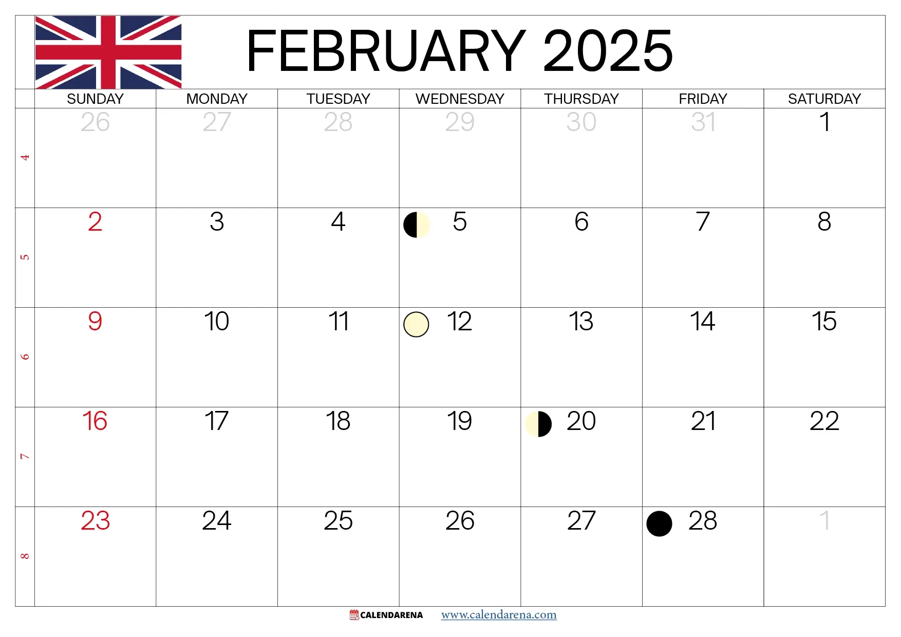 February 2025 Calendar Printable UK