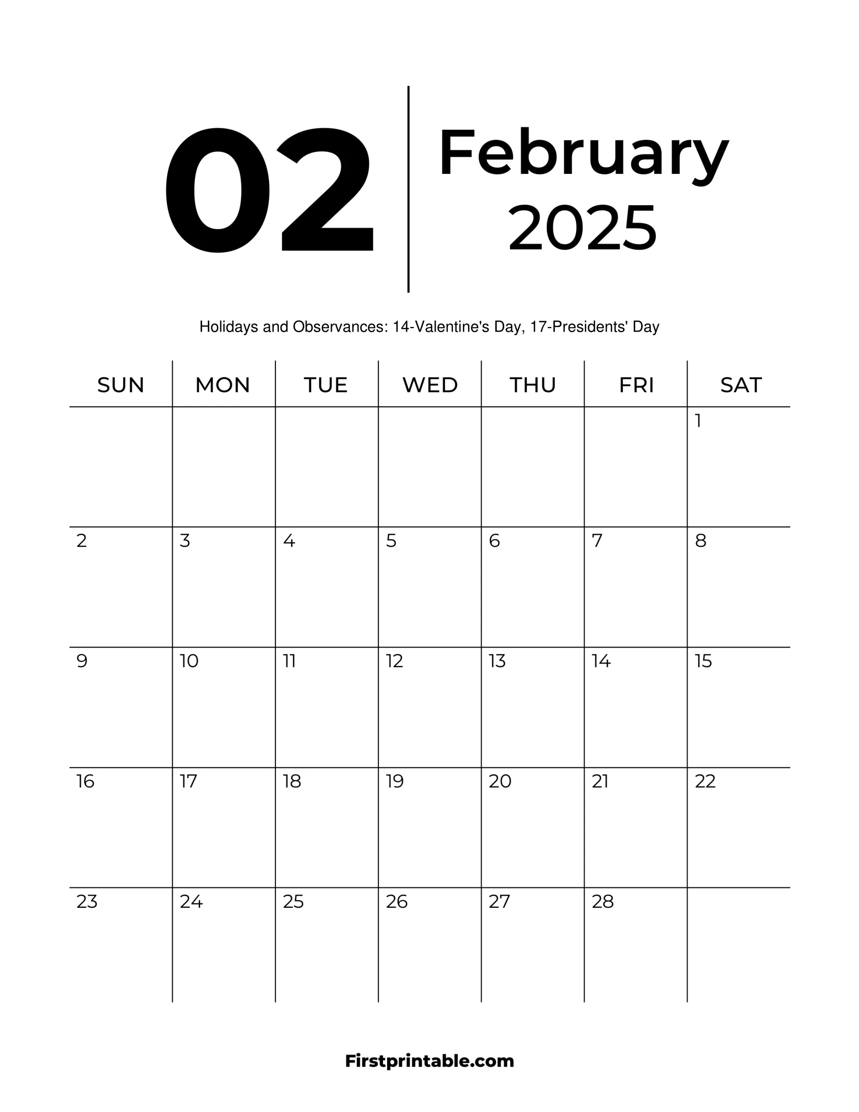 February Calendar Printable