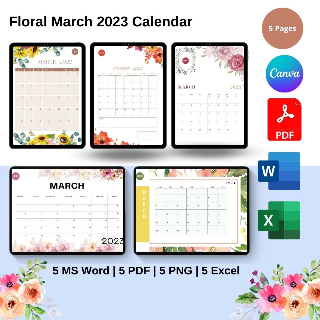 Floral March 2025 Calendar Template In PDF Word Excel