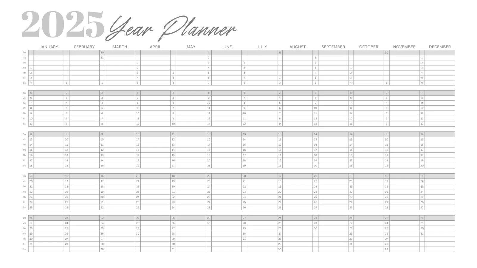 Weekday Printable Calendar 2025
