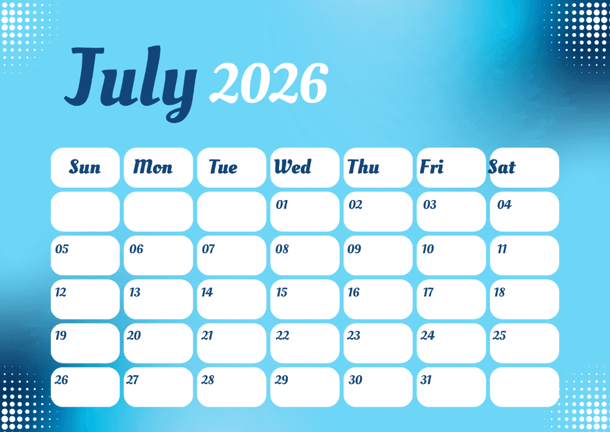 Free Gradient Color July 2026 Calendar Template To Edit Online