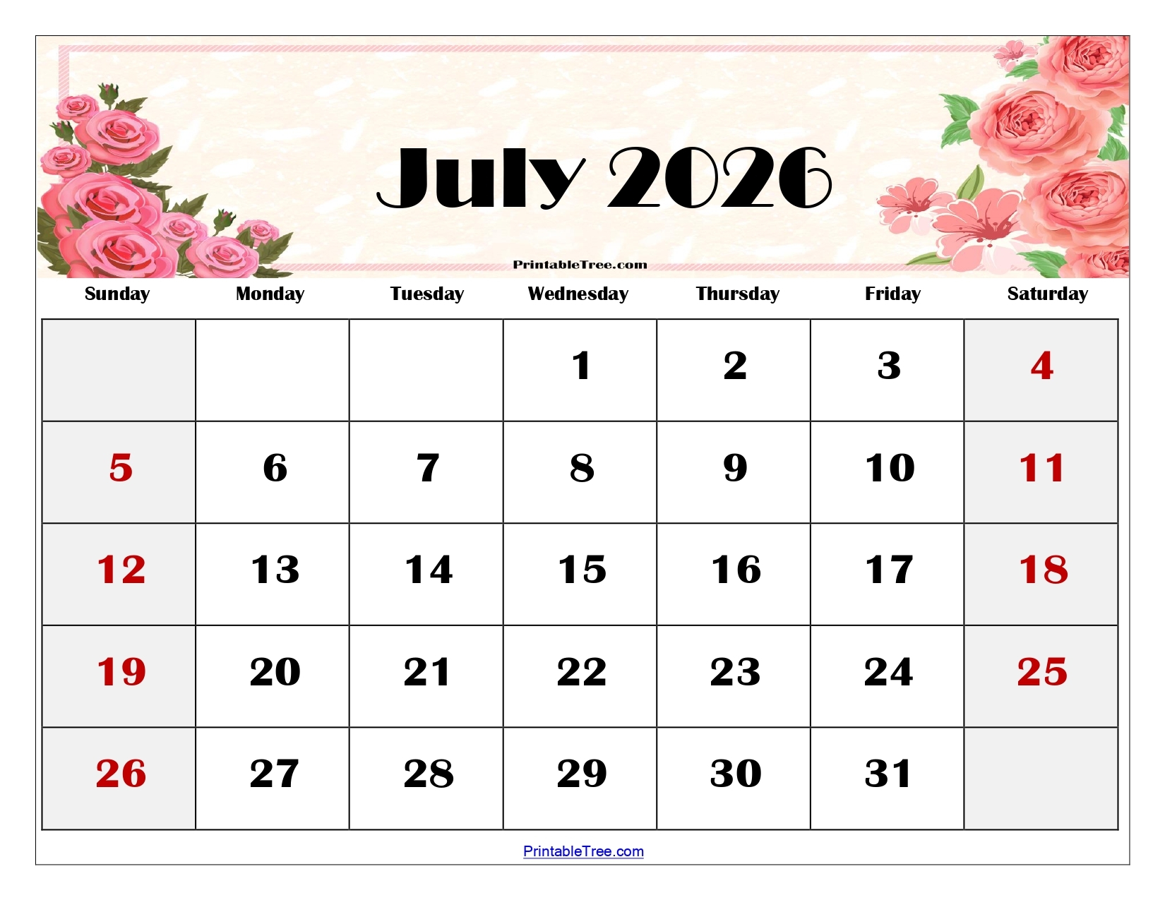free july 2026 calendar printable pdf with holidays template