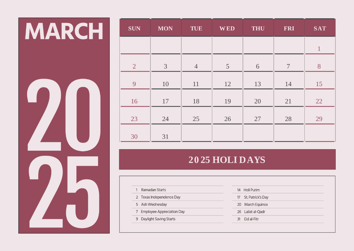 Free March 2025 Calendar With Holidays Template To Edit Online