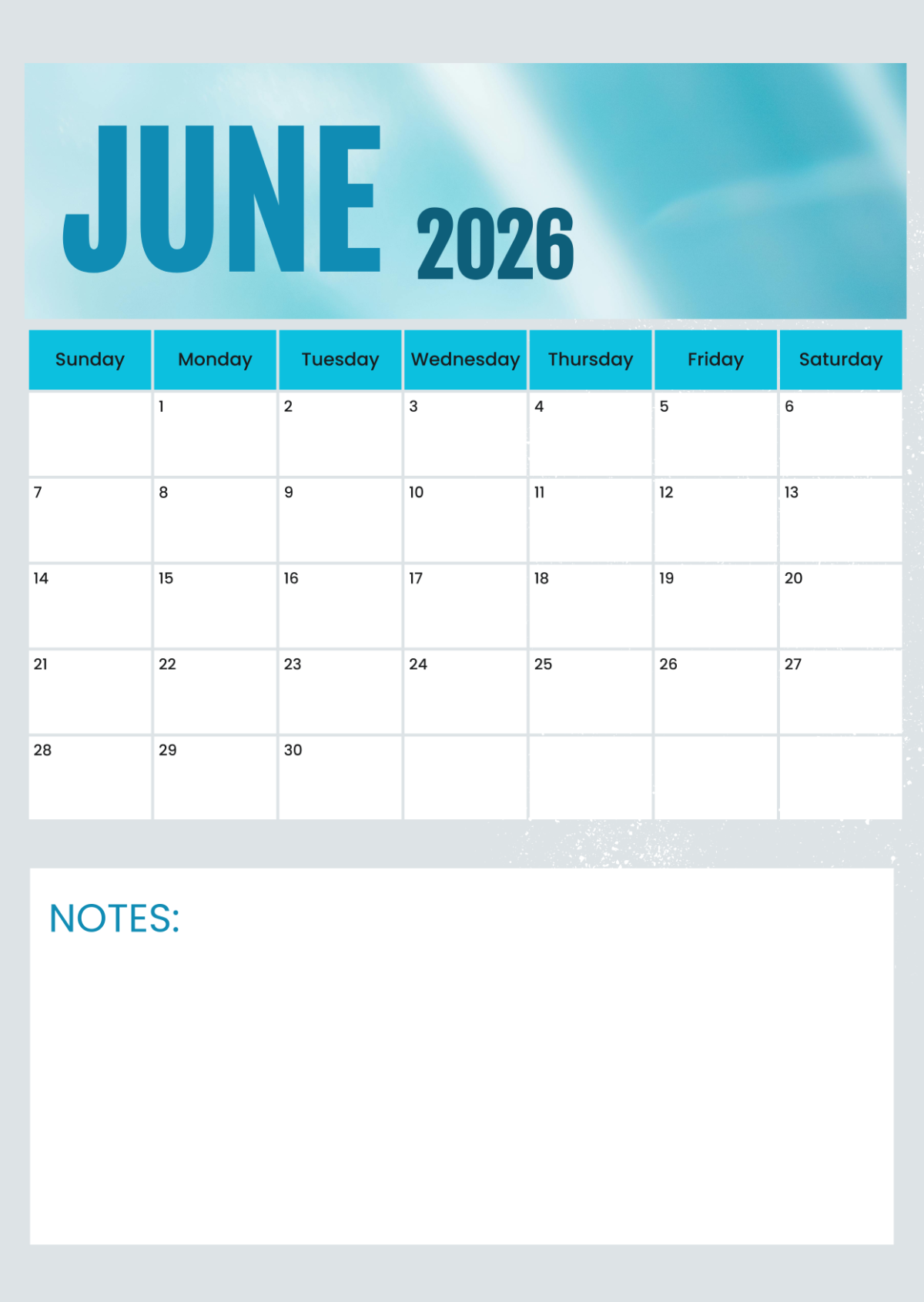 Blank Printable Calendar June 2026