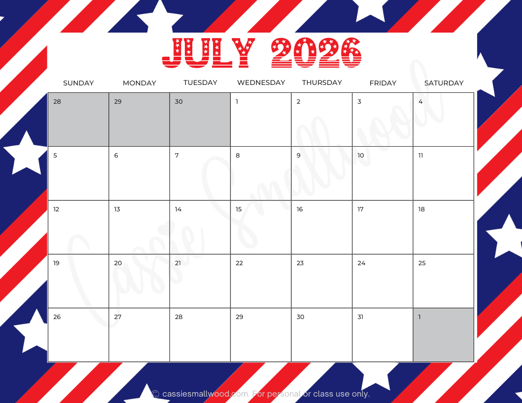 Calendar Printable 2026 July