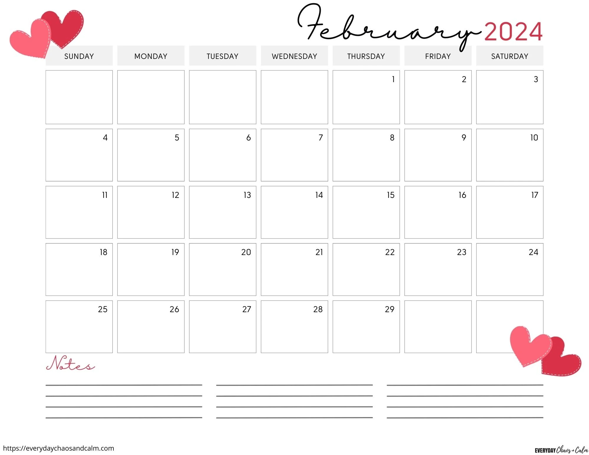 February Calendar Printable Free