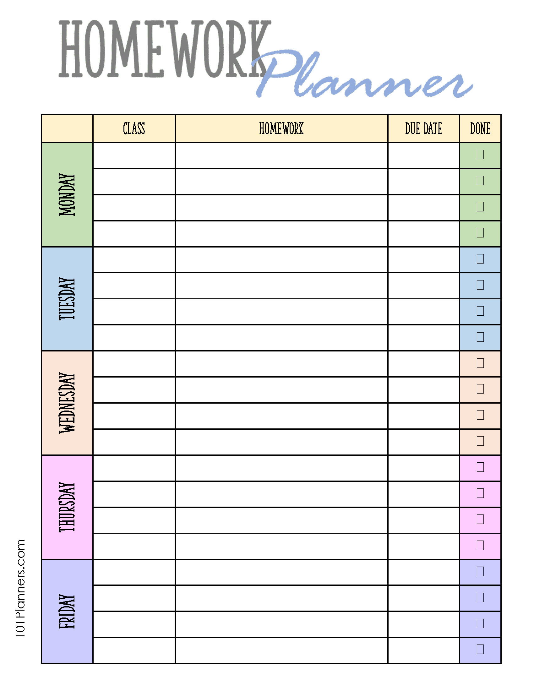free printable homework planner template pdf word excel or jpg