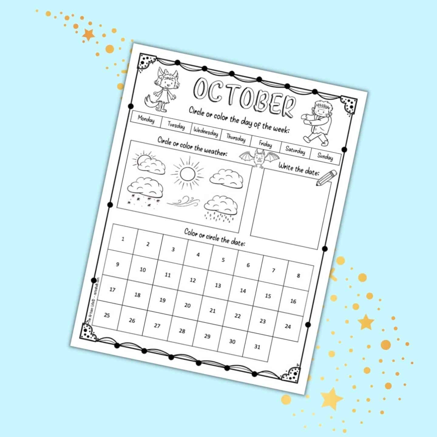 Free Printable October Calendar Worksheet For Kids The Artisan Life