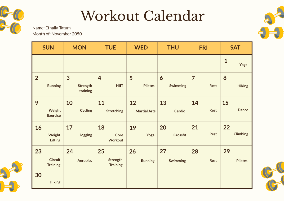 Free Workout Calendar Template To Edit Online