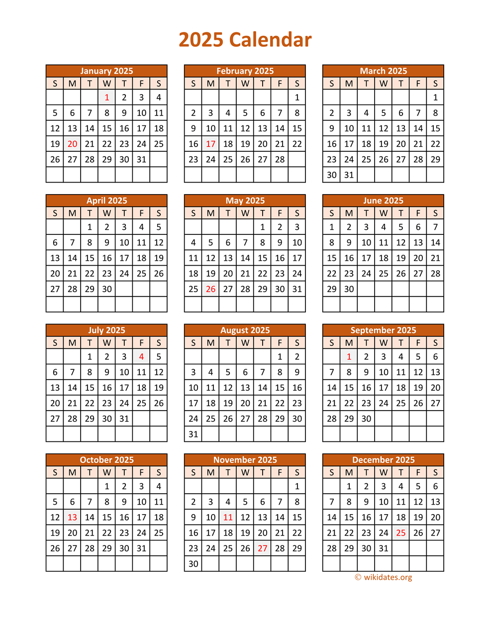 full year 2025 calendar on one page wikidates