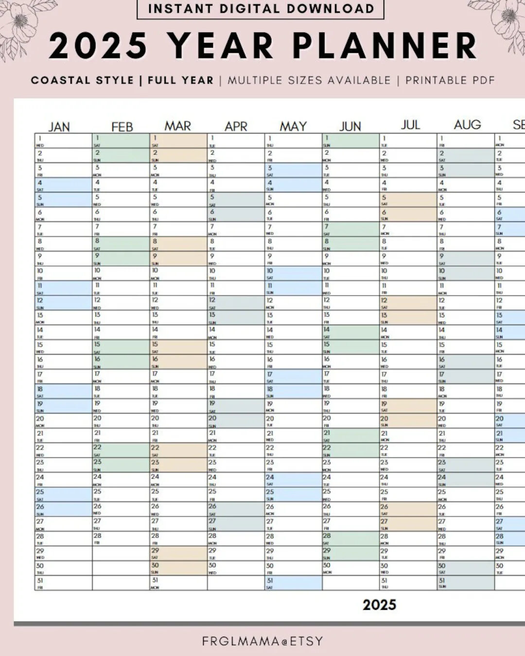 full year calendar 2025 2025 monthly planner 2025 rainbow yearly calendar calendar printable 2025 wall planner wall calendar 2025 etsy