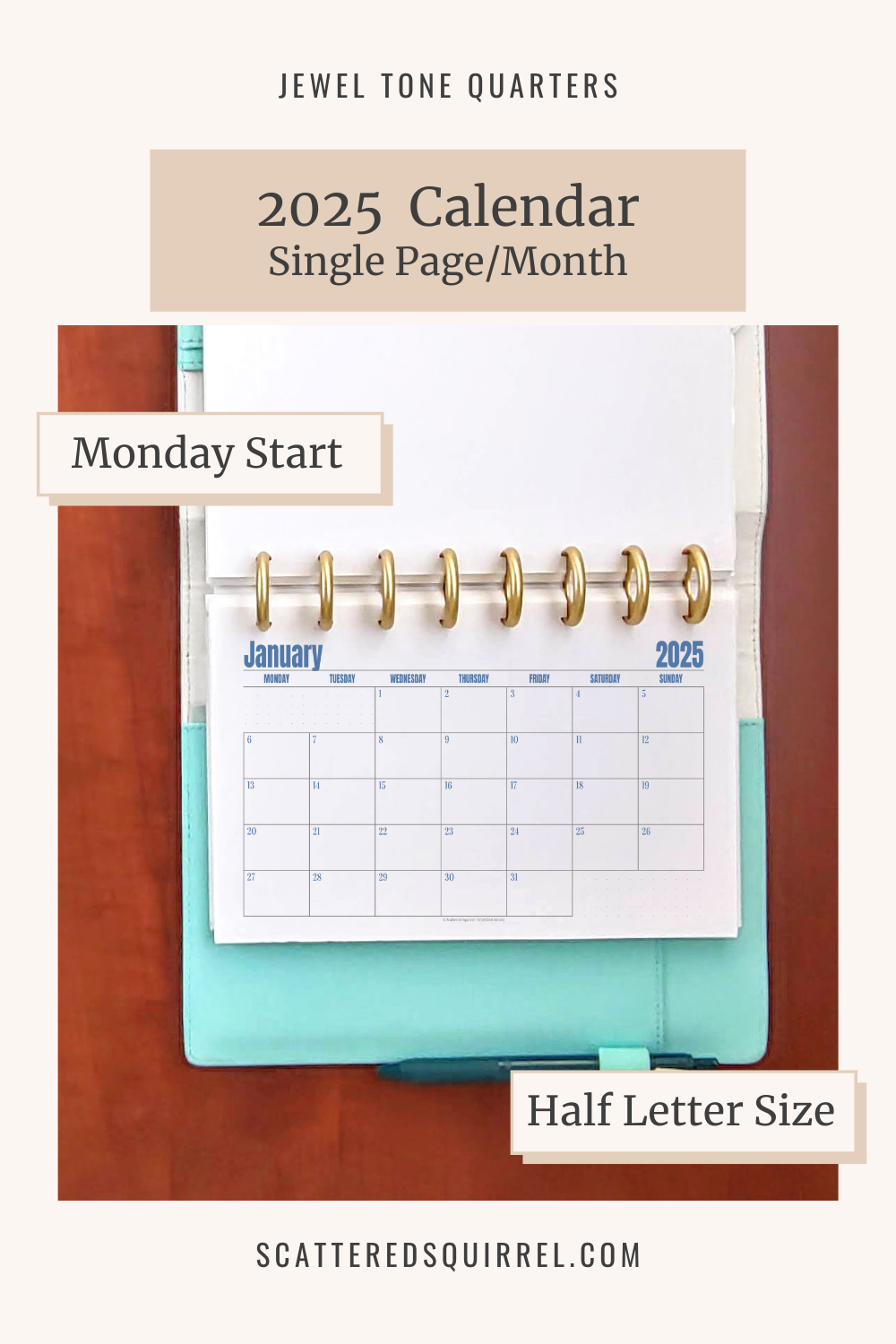 Printable Monthly Half Page Calendar 2025