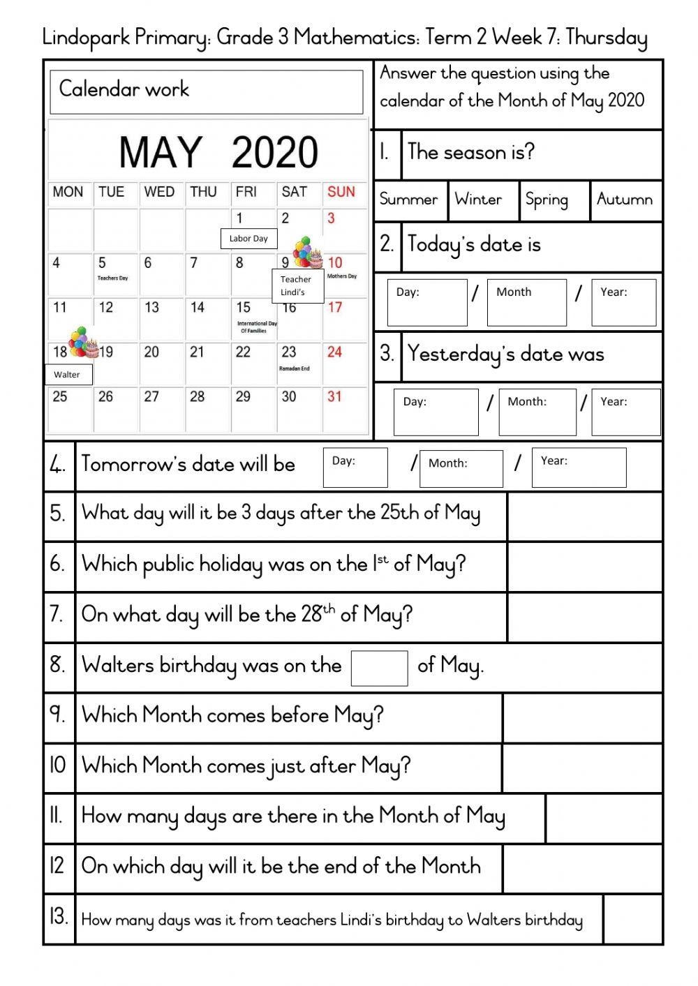 Grade 3 Term 2 Week 7 Mathamtics Calendar Time Thursday Worksheets Library