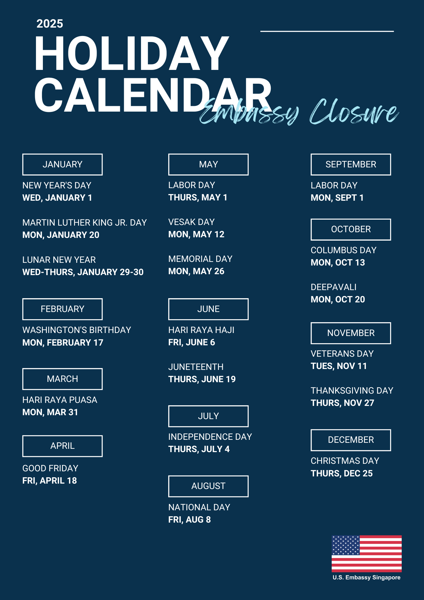 Holiday Calendar U S Embassy In Singapore