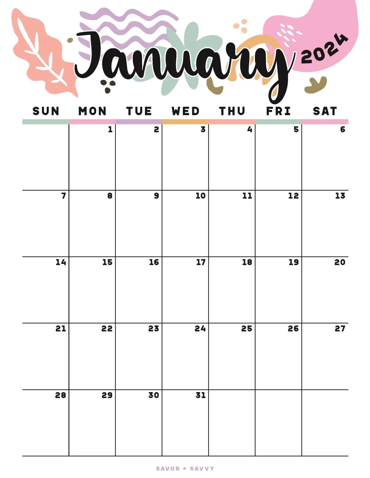 January Calendar Printable