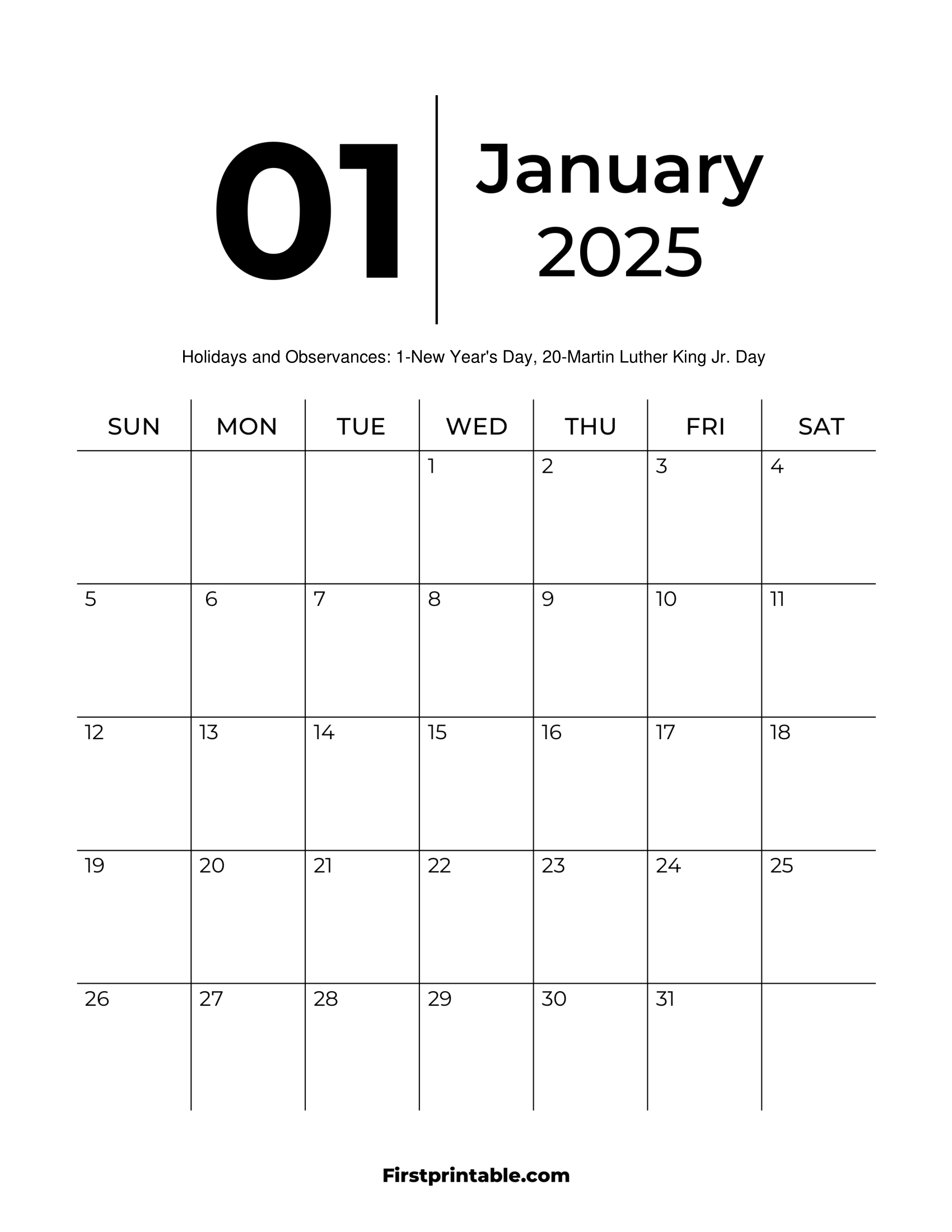 January 2025 Calendars Free Printable Fillable
