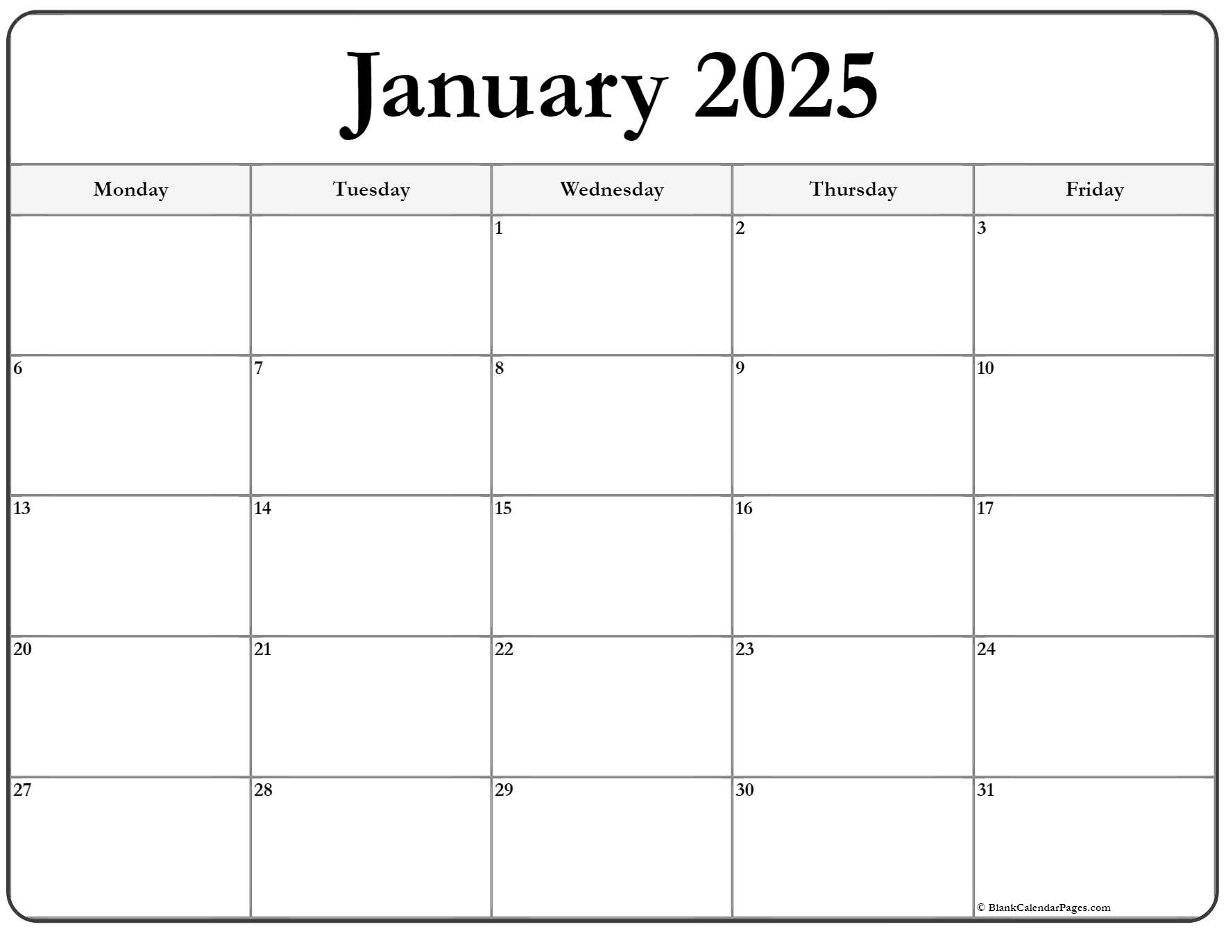 january 2025 monday calendar monday to sunday