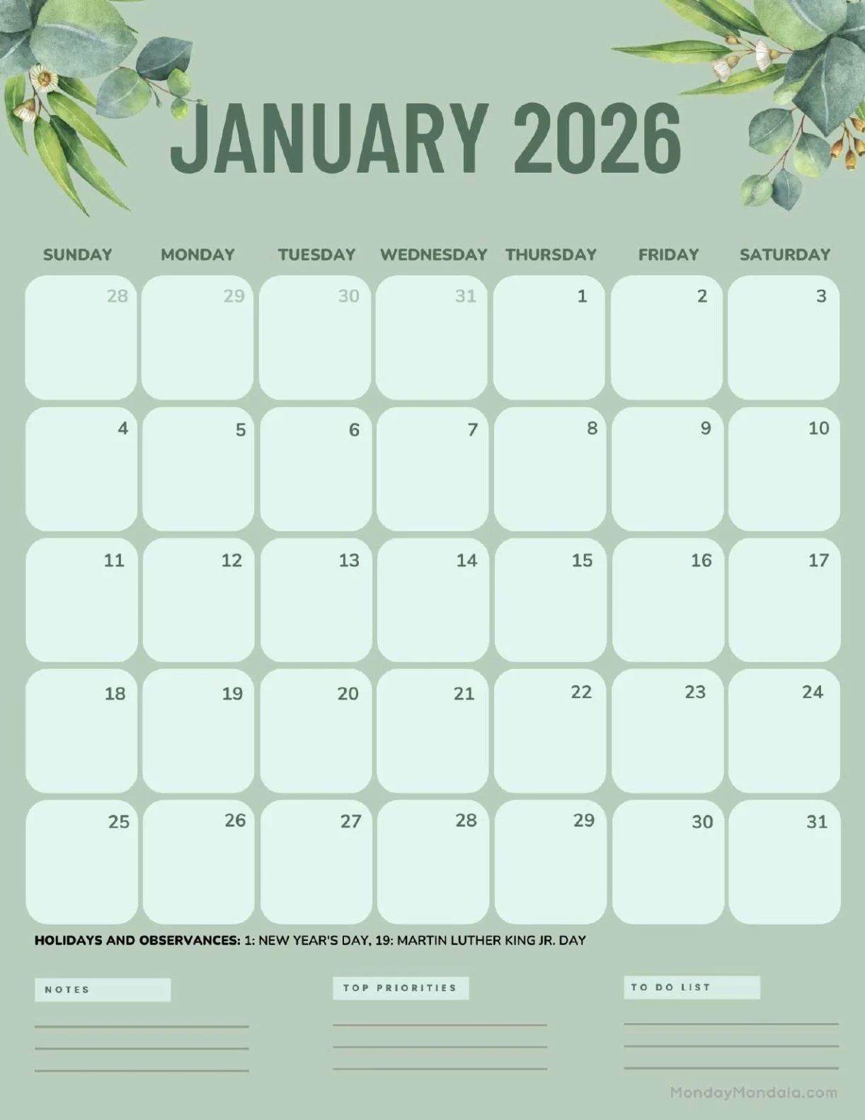 Printable Calendar 2026 January