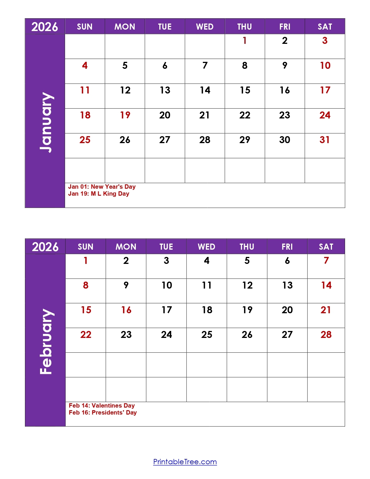 January And February 2026 Calendar Printable PDF 2 Month Calendar Template