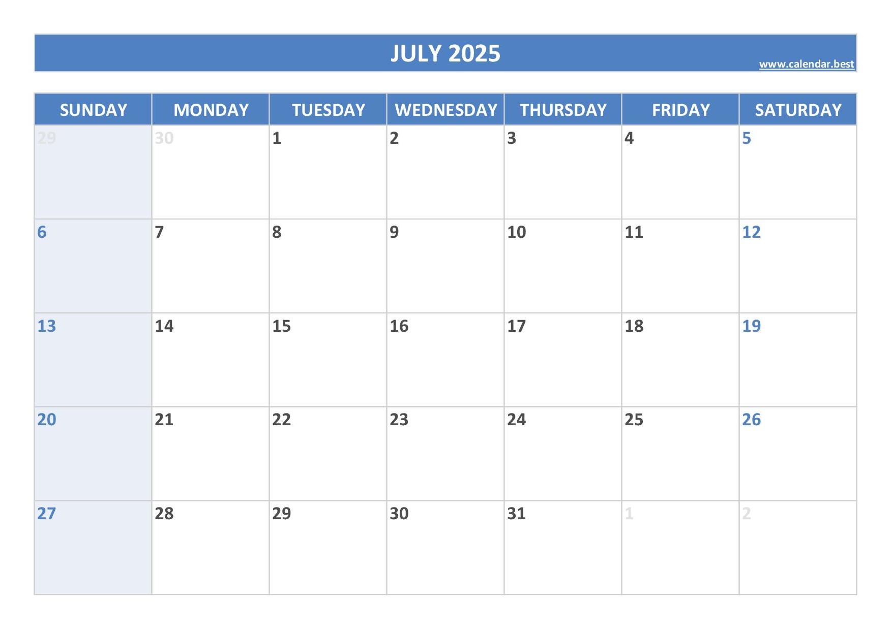 July 2025 Calendar Calendar best July 2025 Calendar Calendar best