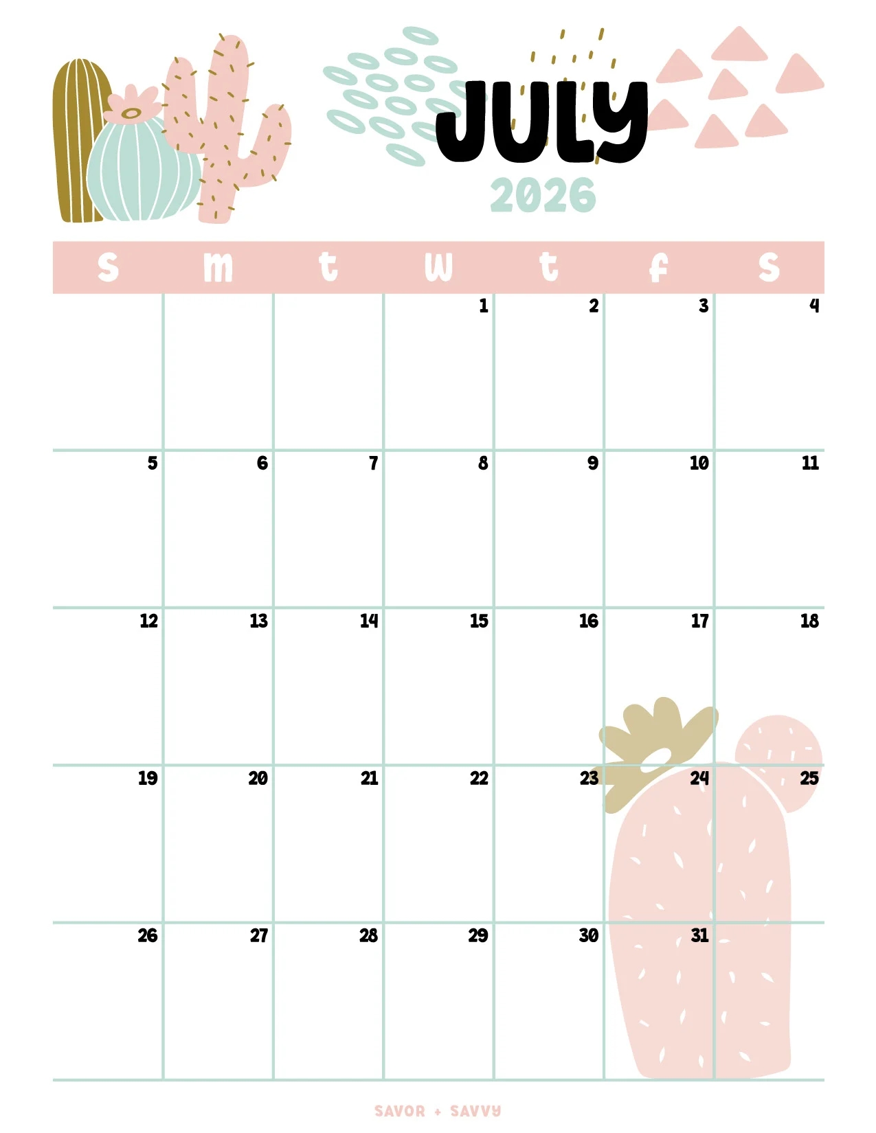 Free Printable July 2026 Calendar Template