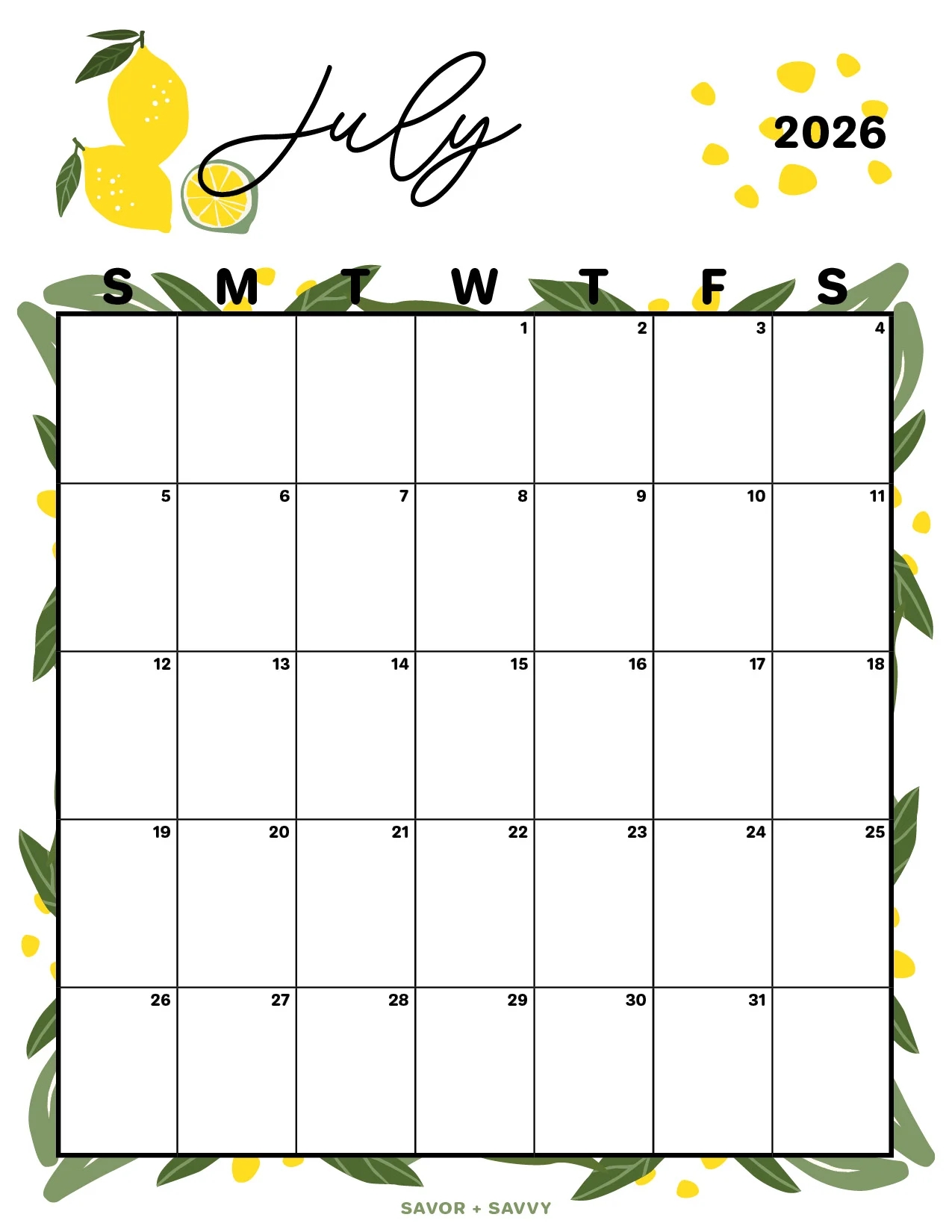 July 2026 Month Calendar Printable Cute