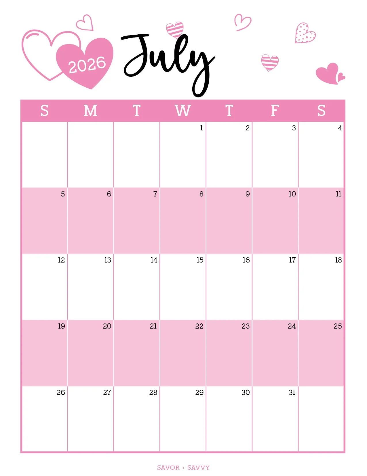 July 2026 Calendar Templates 14 Free Printables Savor Savvy