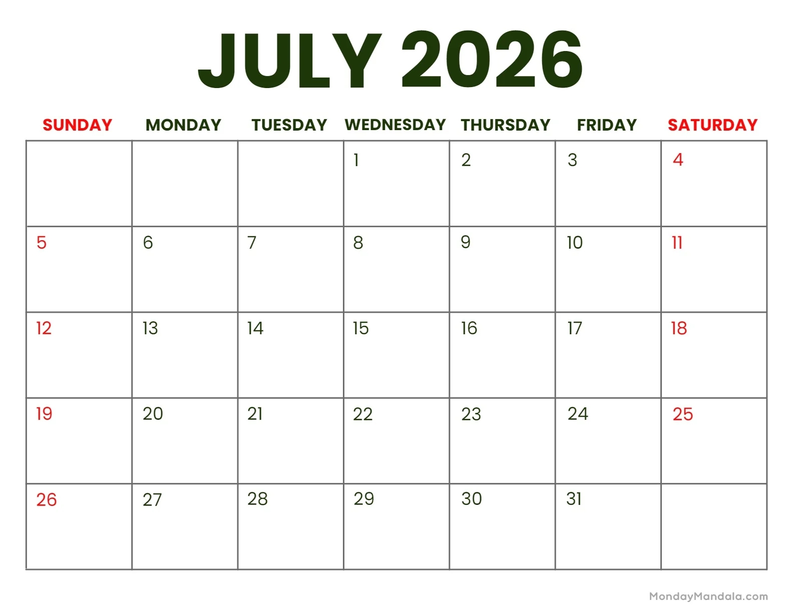 July 2026 Calendars 52 Free PDF Printables 