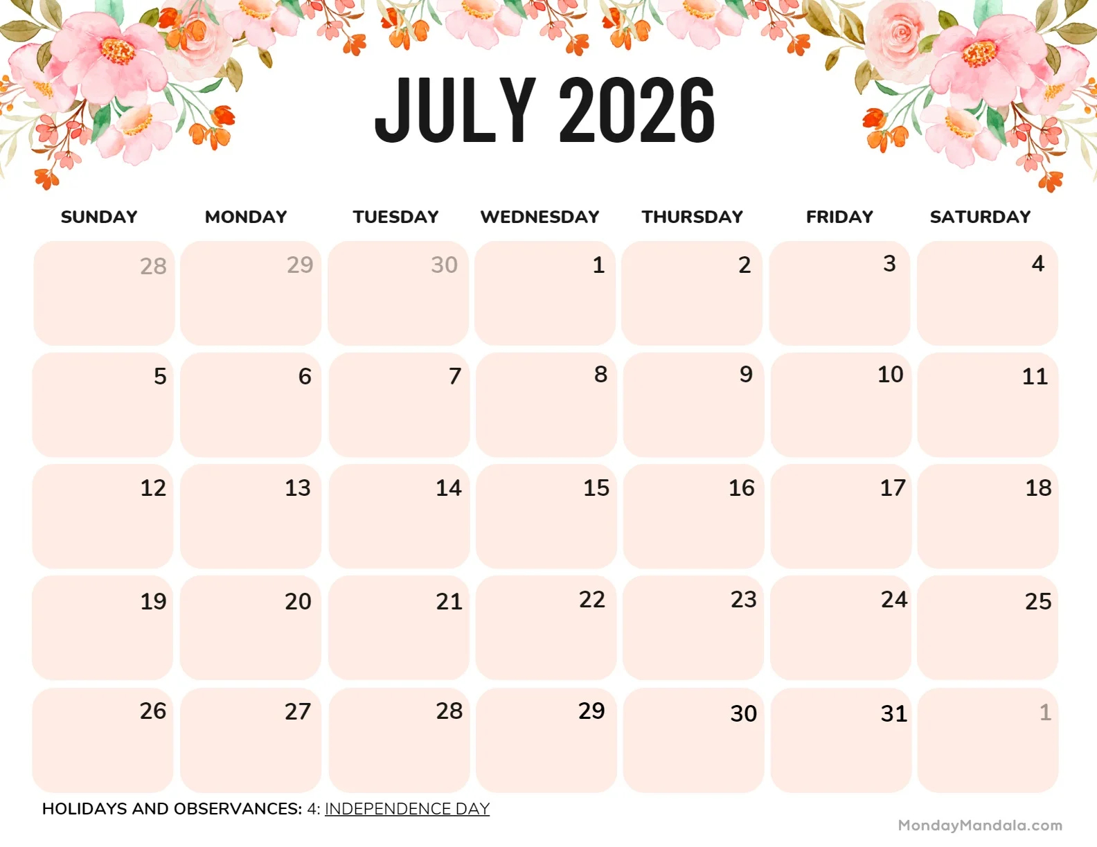 Printable July 2026 Calendar Page