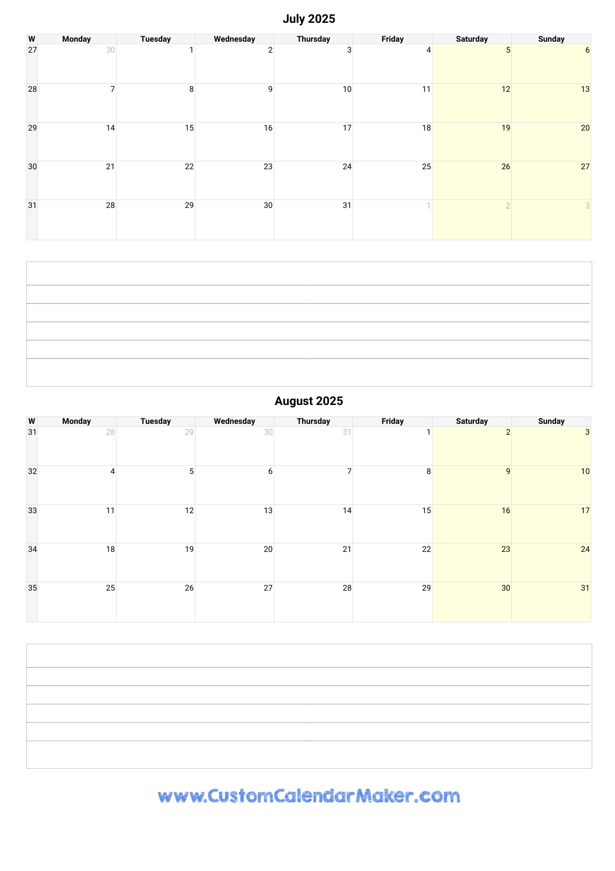 July And August 2025 Calendar Custom Calendar Maker